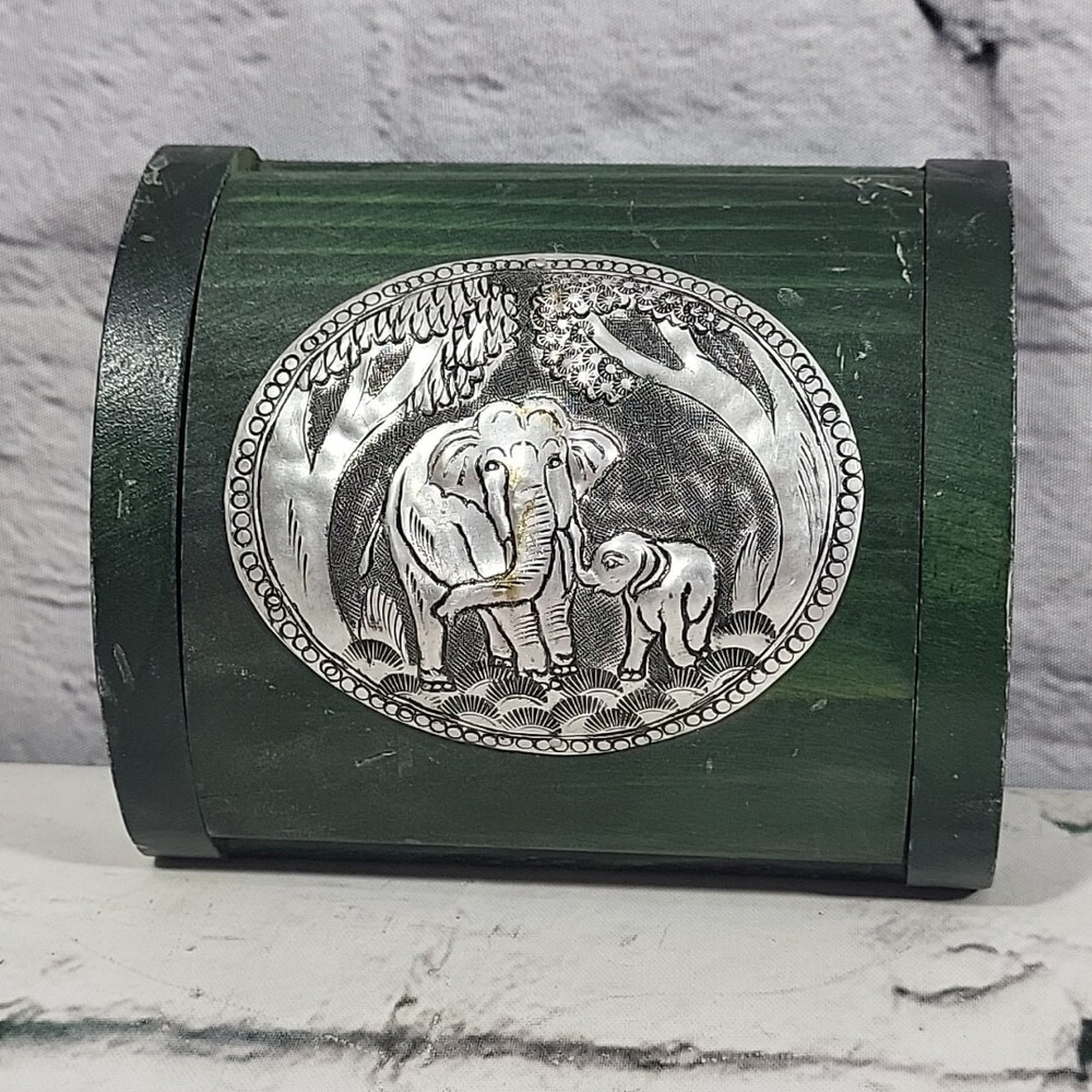 Elephant Trinket Box Green Wooden Treasure Chest Jewelry Box